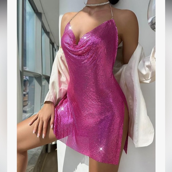 Pink metallic chain mesh dress unicorn goddess empress gypsy festival cocktail - Picture 2 of 3